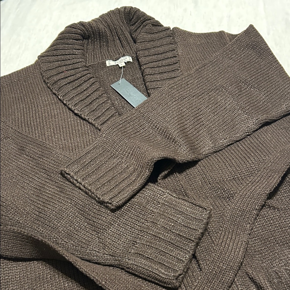 Focus Shawl-Collar Belted Knit Cardigan in Brown